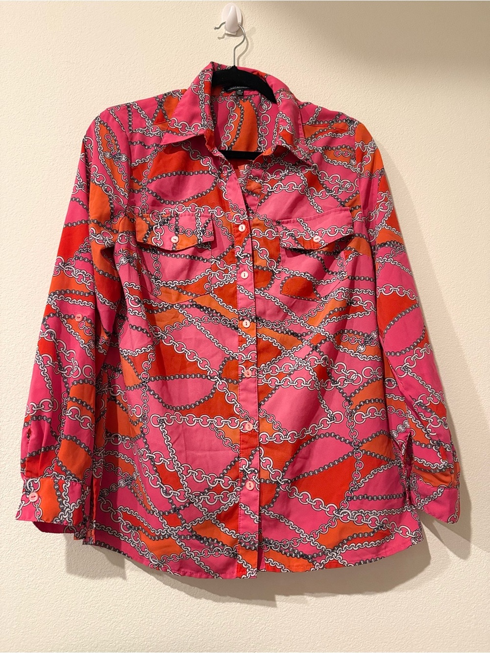 Notations Pink and Orange Chain-Print Button-Up Office Siren Blouse